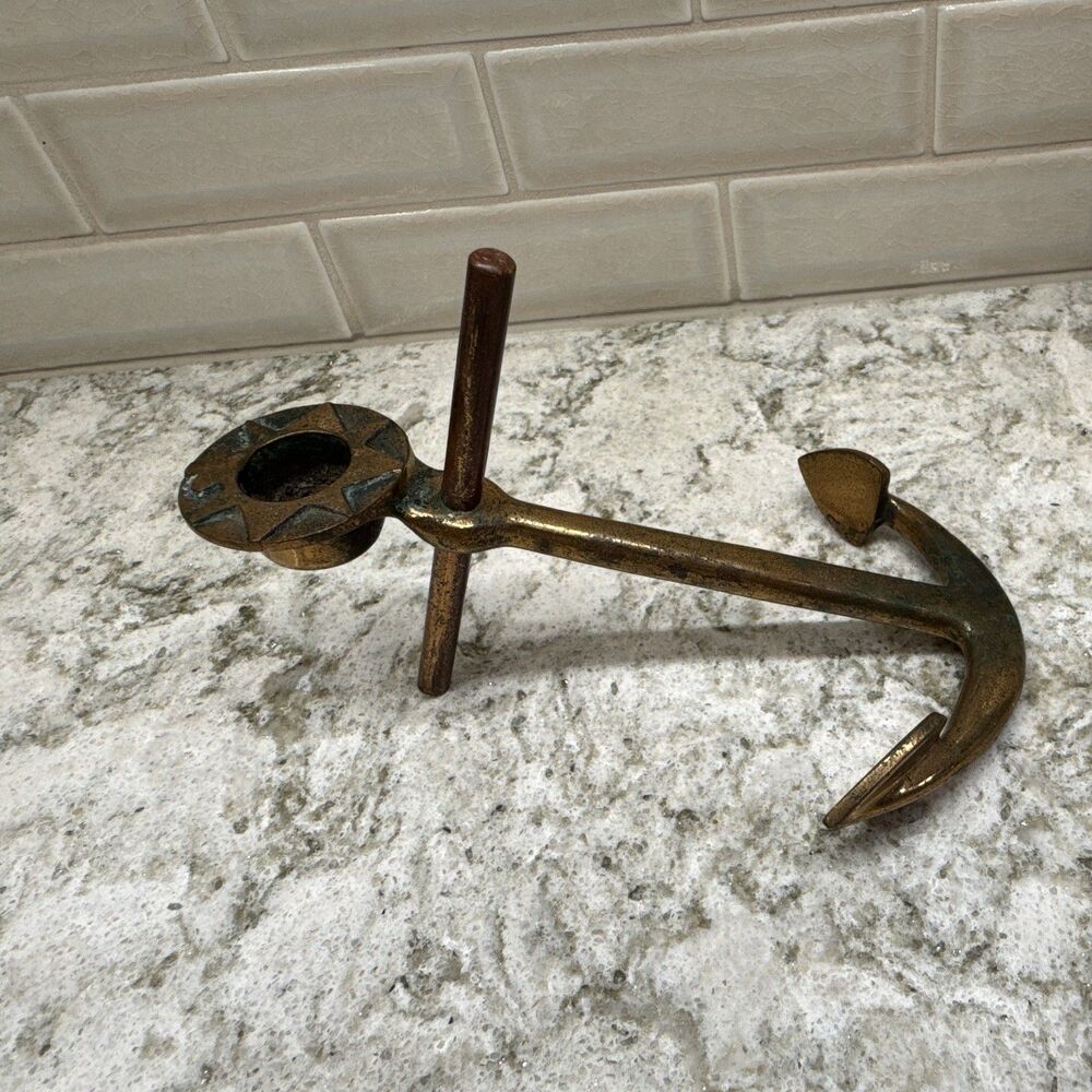 Vintage solid brass Anchor Candlestick holder Nautical Natural Patina
